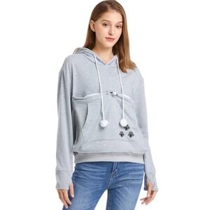 UNISEX Gray Hooded Pullover Sweatshirt With Pet Holder Dog Cat Front Pouch | EUC